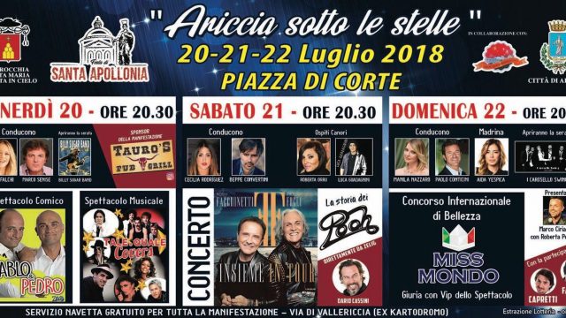 “Ariccia sotto le stelle 2018”: Tre serate di spettacolo nel cuore dei Castelli Romani con Aida Yespica, Anna Falchi, Roby Facchinetti, Riccardo Fogli, Cecilia Rodriguez, Paolo Conticini, Pablo e Pedro, Manila Nazzaro, Beppe Convertini, Marco Senise, Dario Cassini, Edoardo Guarnera