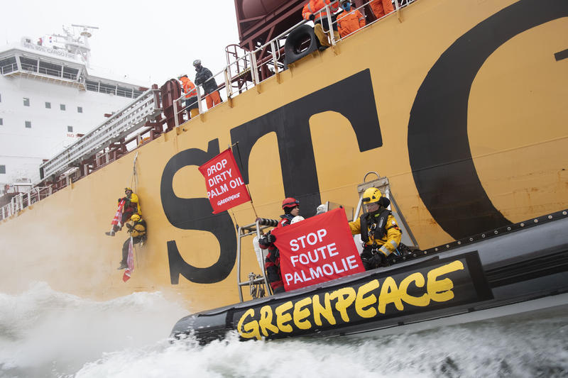 Greenpeace in azione al Porto di Rotterdam su Nave Cisterna con derivati dell’olio di palma prodotto distruggendo le foreste