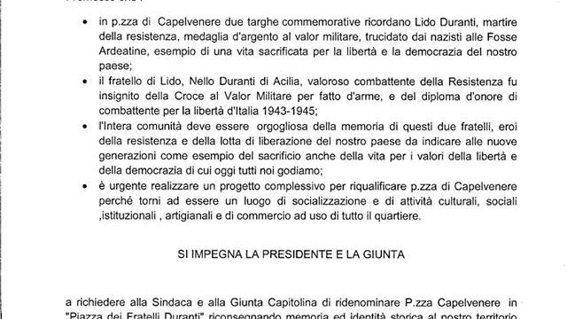 Il Partito Democratico presenta una mozione per Piazza Fratelli Duranti. Proia (Progetto Duranti): “Atto importante, parte la battaglia per una nuova Capelvenere”