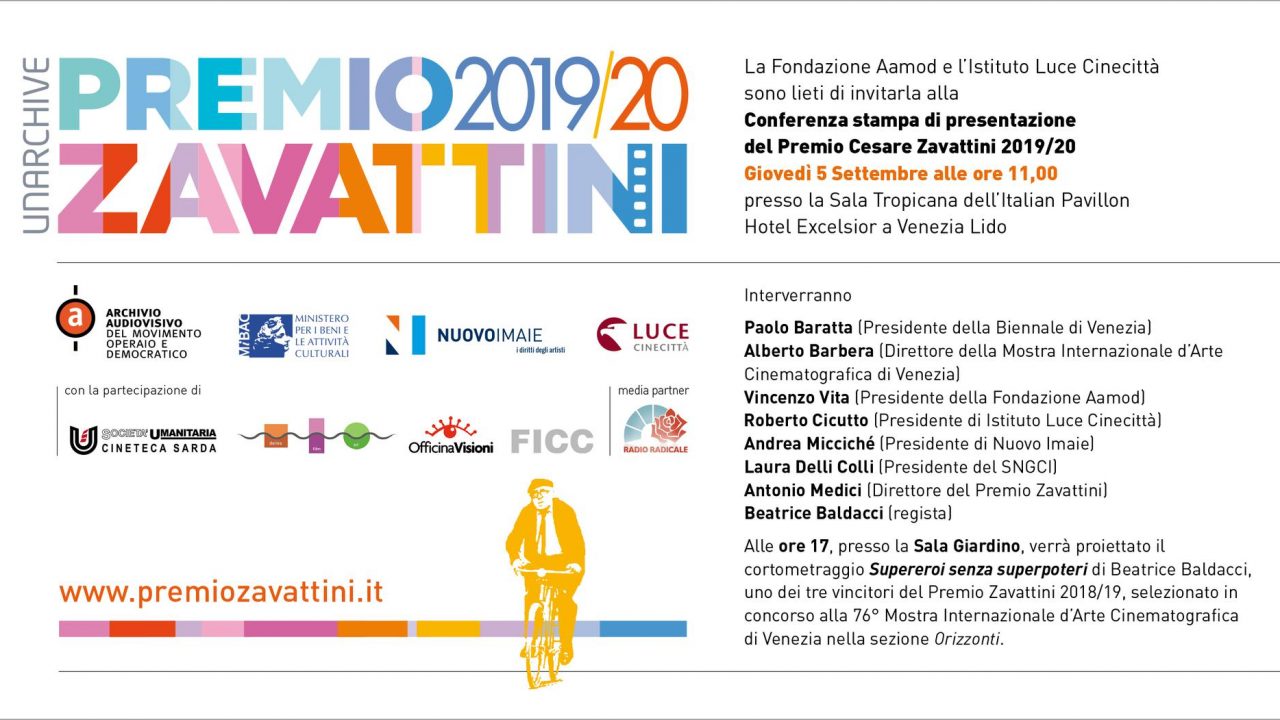 Presentazione Premio Zavattini 2019-2020 alla Mostra del Cinema di Venezia il 5 settembre
