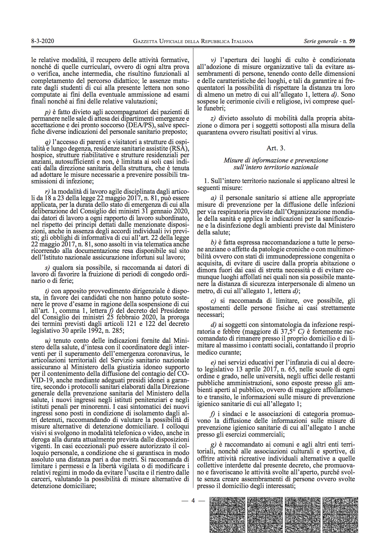 Gazzetta Ufficiale – Serie Generale n. 59 del 8-3-2020, Decreti Presidenziali: Decreto del Presidente del Consiglio dei Ministri, 8 marzo 2020