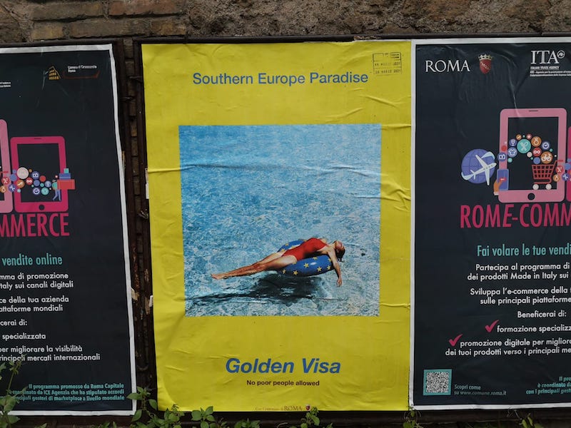 Rogelio López Cuenca – “A quel paese”: L’opera “Golden Visa”, composta da 10 manifesti, sono installati da oggi, e fino al 28 marzo, in 250 dispositivi pubblicitari della città di Roma