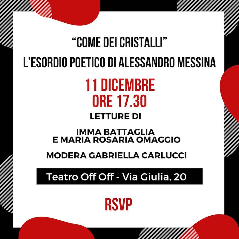Come dei Cristalli l’esordio poetico di Alessandro Messina (con Imma Battaglia, Maria Rosaria Omaggio e Gabriella Carlucci) – Teatro Off Off Roma 11 dicembre 2021 ore 17.30