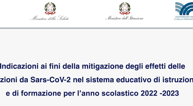 Covid-19, inviato alle scuole il vademecum con le indicazioni per l’avvio dell’anno scolastico 2022/2023