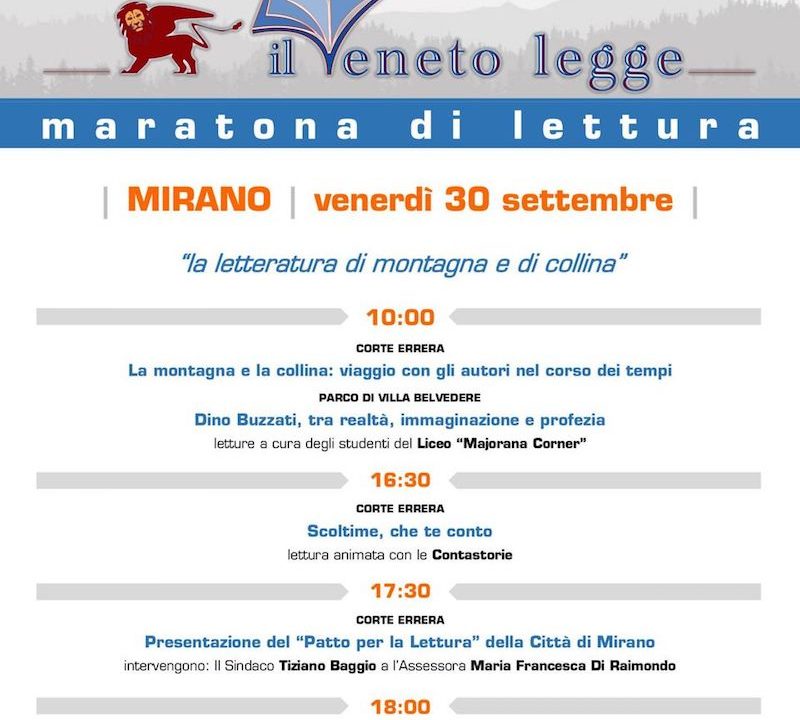 Mirano (VE) – Il Veneto legge: Maratona di lettura alla Biblioteca Comunale Venerdì 30 settembre