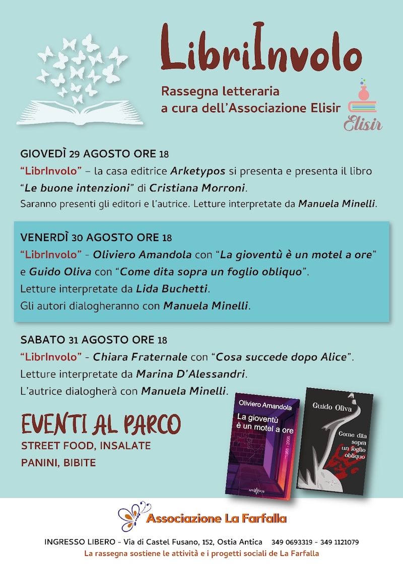 LibrInVolo a La Farfalla: Rassegna letteraria con editori, autori e libri a cura di Elisir dal 29 al 31 agosto a “La Farfalla” di Castelfusano (RM)