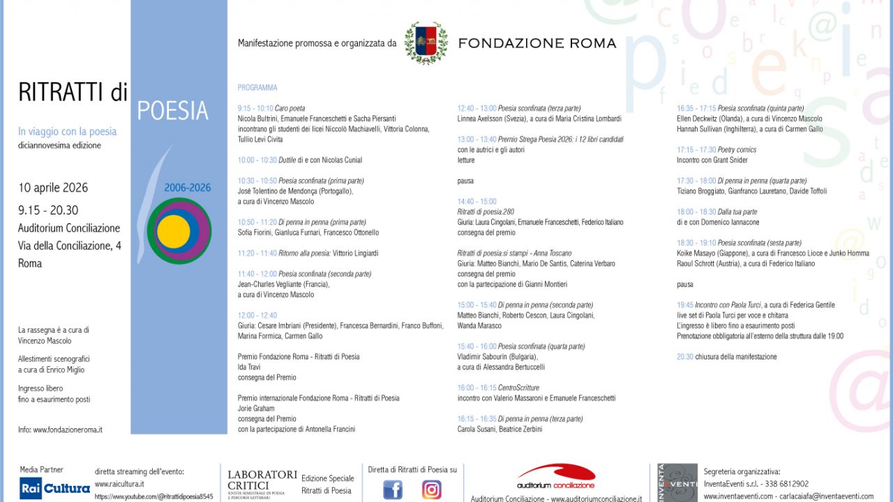 Ritratti di Poesia, XIX Edizione – Venerdì 10 aprile 2026 all’Auditorium Conciliazione di Roma